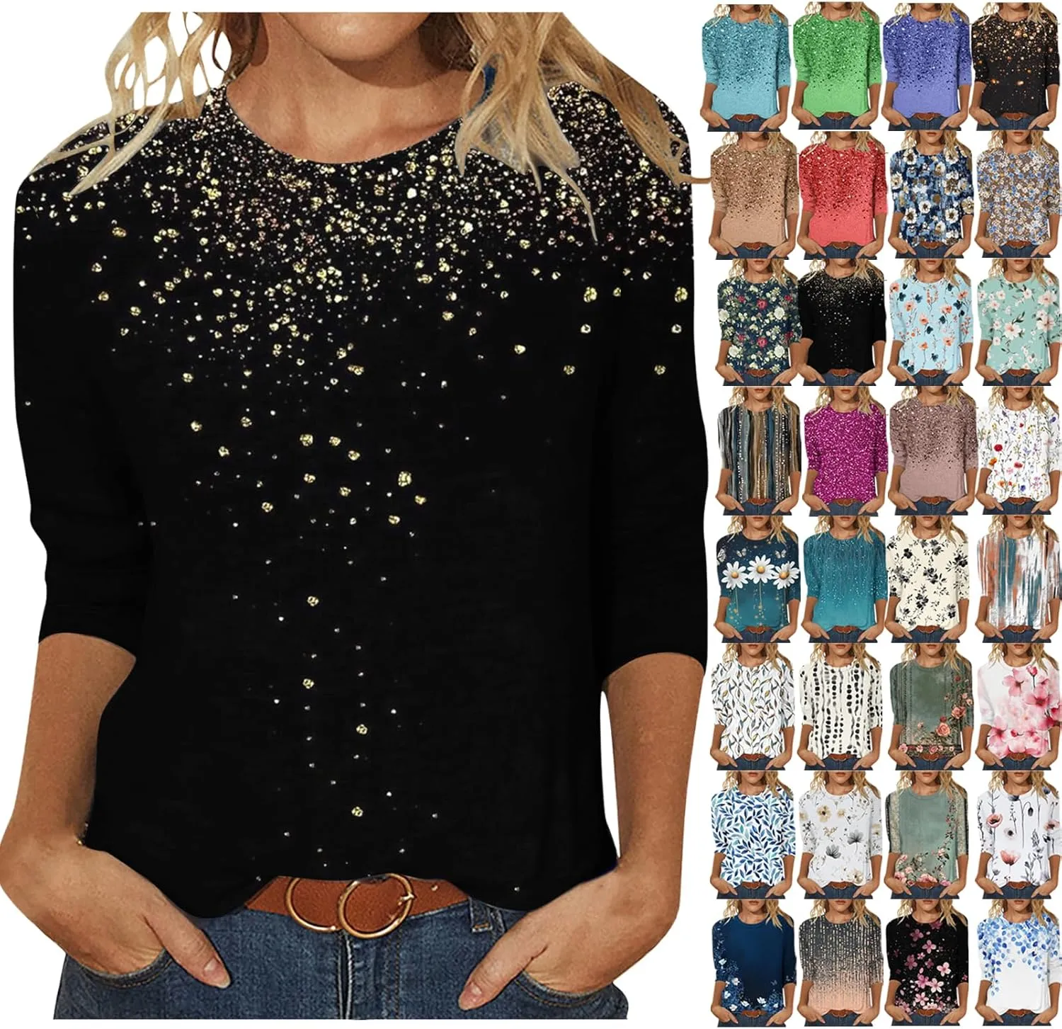 3/4 Length Sleeve Womens Tops Plus Size Print Graphic Tee Shirts Causal Dressy Crewneck Shirts Loose Fit Blouse Tees