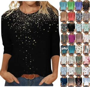 3/4 Length Sleeve Womens Tops Plus Size Print Graphic Tee Shirts Causal Dressy Crewneck Shirts Loose Fit Blouse Tees