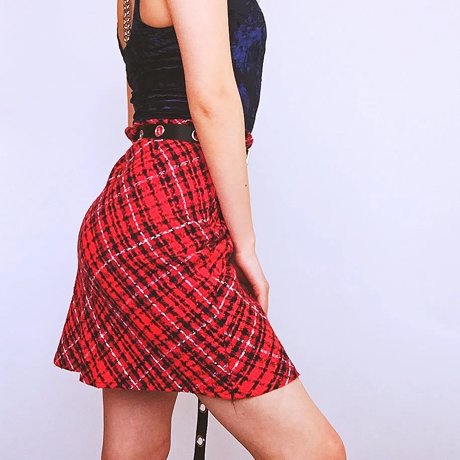 90S Y2K HIGH WAIST WAISTED RED CHECKED SKIRT