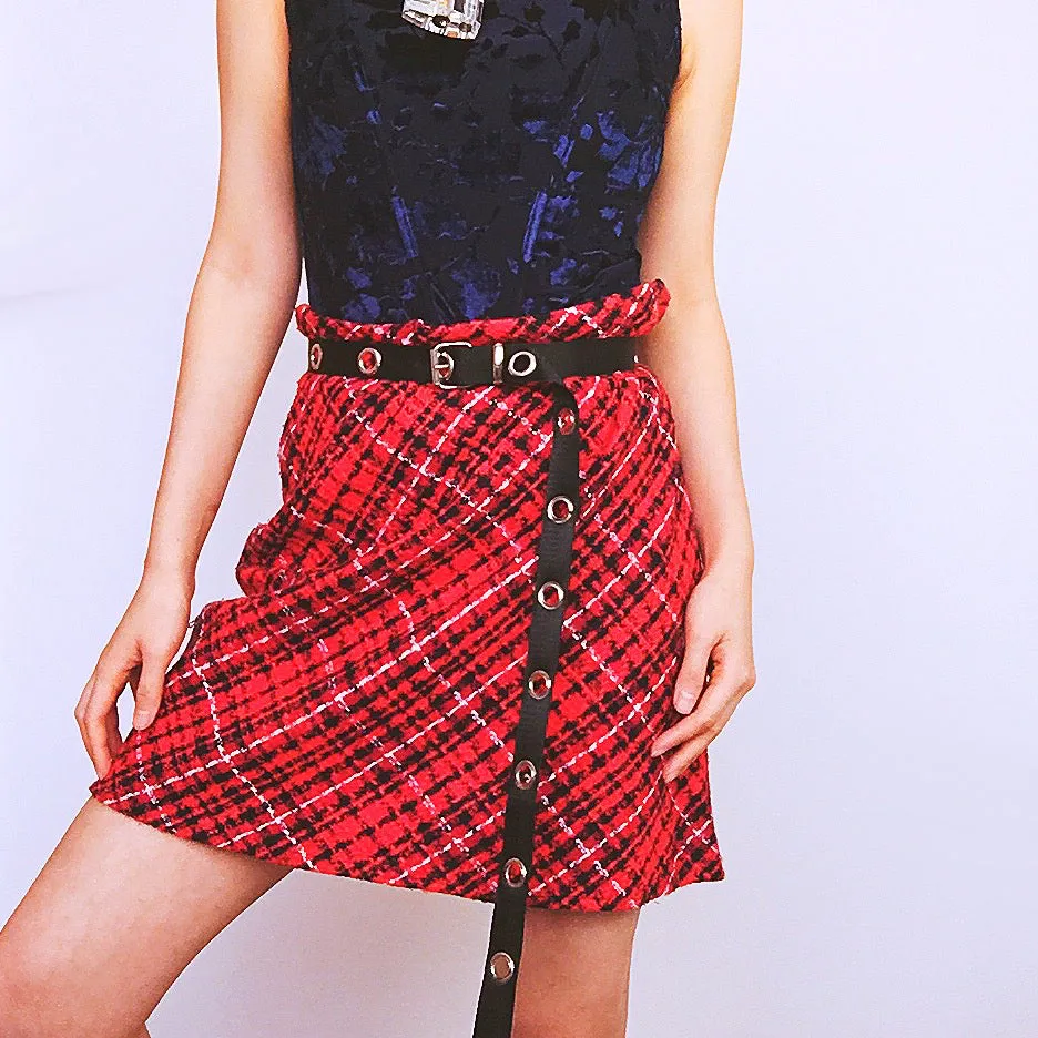 90S Y2K HIGH WAIST WAISTED RED CHECKED SKIRT