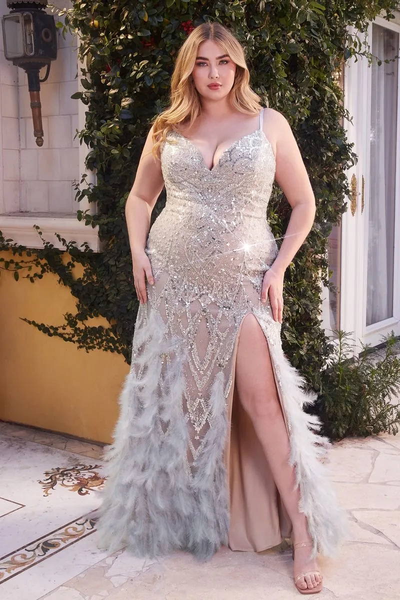 A1229C BEADED MERMAID GOWN WITH FEATHER DETAILS