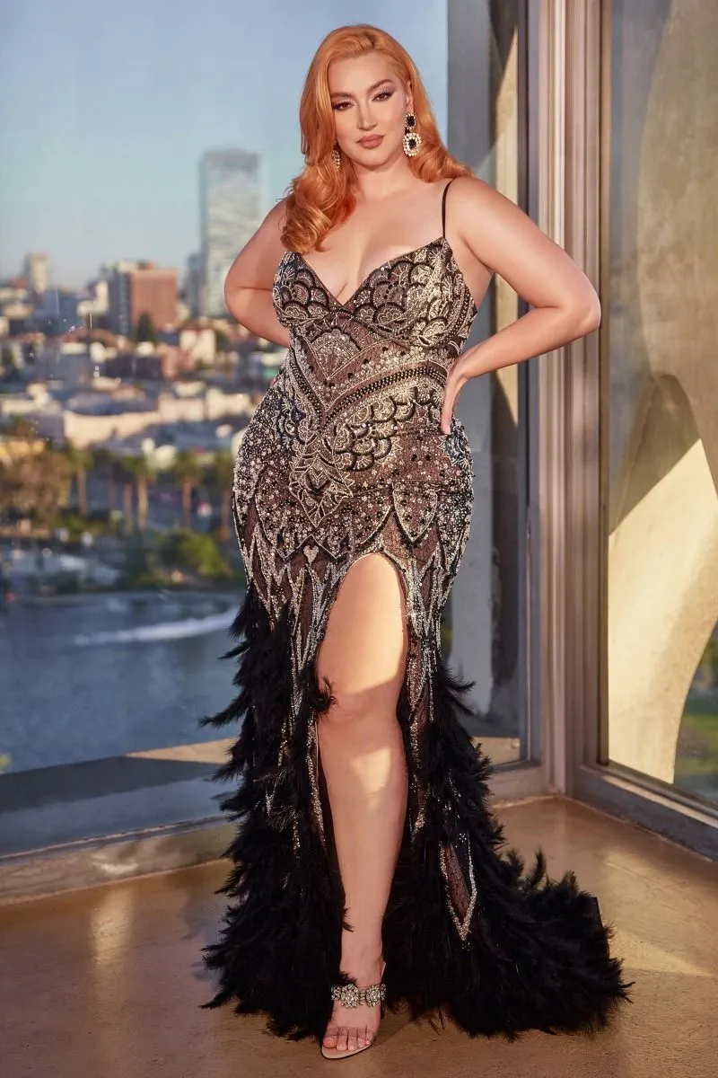 A1229C BEADED MERMAID GOWN WITH FEATHER DETAILS