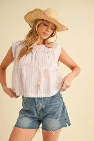 Aemi Co Ruched Striped Round Neck Sleeveless Top In Pink
