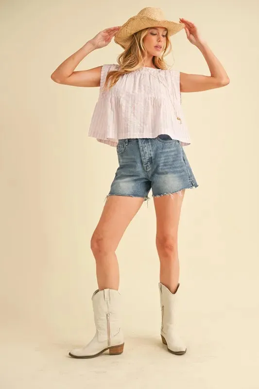 Aemi Co Ruched Striped Round Neck Sleeveless Top In Pink
