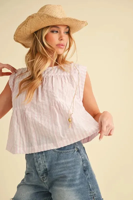 Aemi Co Ruched Striped Round Neck Sleeveless Top In Pink