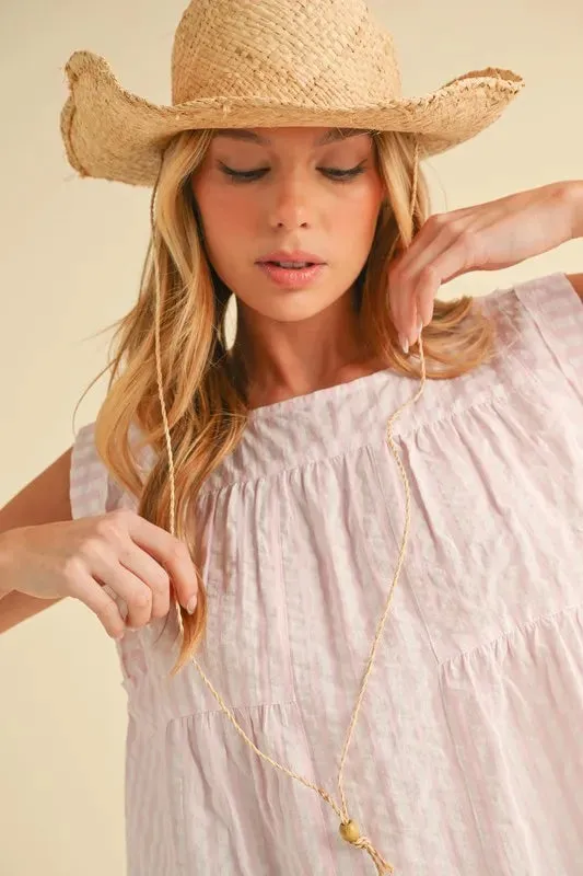 Aemi Co Ruched Striped Round Neck Sleeveless Top In Pink