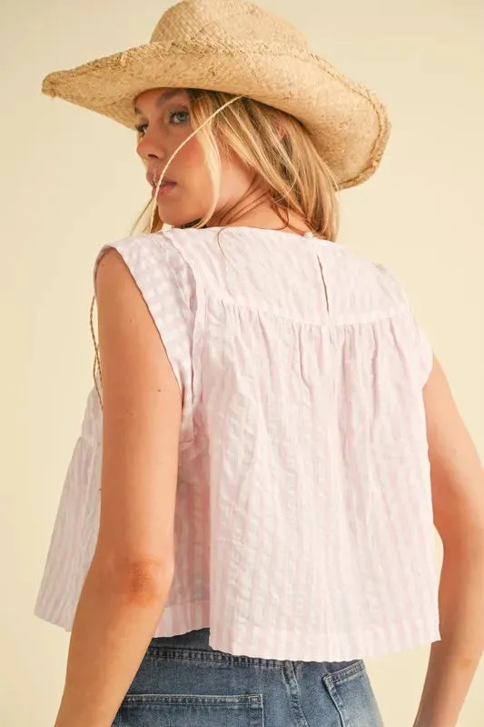 Aemi Co Ruched Striped Round Neck Sleeveless Top In Pink