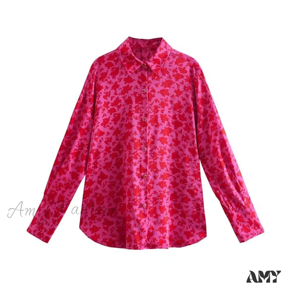 Amy Fashion - Chic Lady Long Sleeve Floral Print Blouses