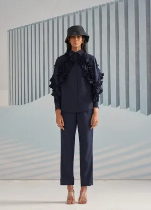 BLUE SHIRT WITH RUFFLE DETAILS