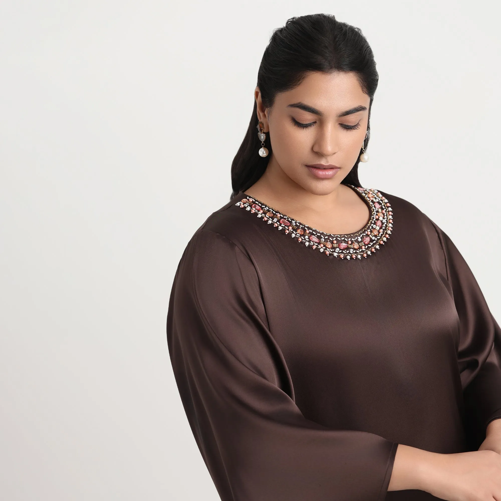 Brown Satin Flared Sleeves Plus Size Beadwork Midi Dress