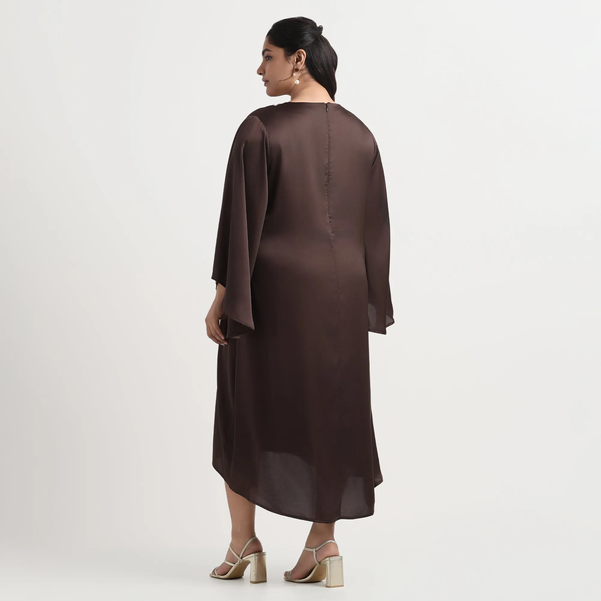 Brown Satin Flared Sleeves Plus Size Beadwork Midi Dress