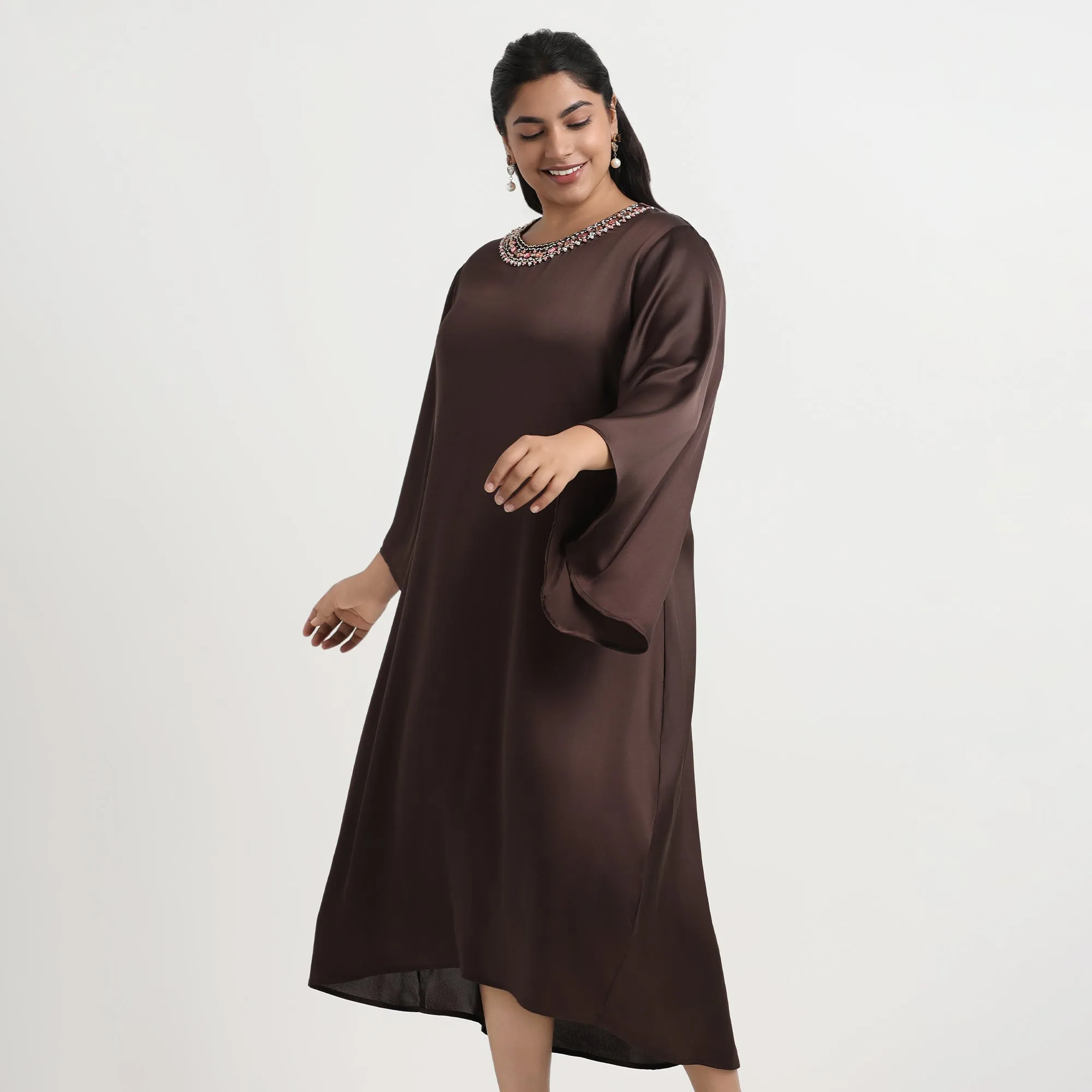 Brown Satin Flared Sleeves Plus Size Beadwork Midi Dress