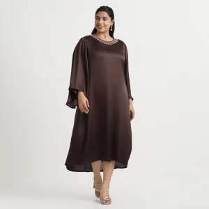 Brown Satin Flared Sleeves Plus Size Beadwork Midi Dress