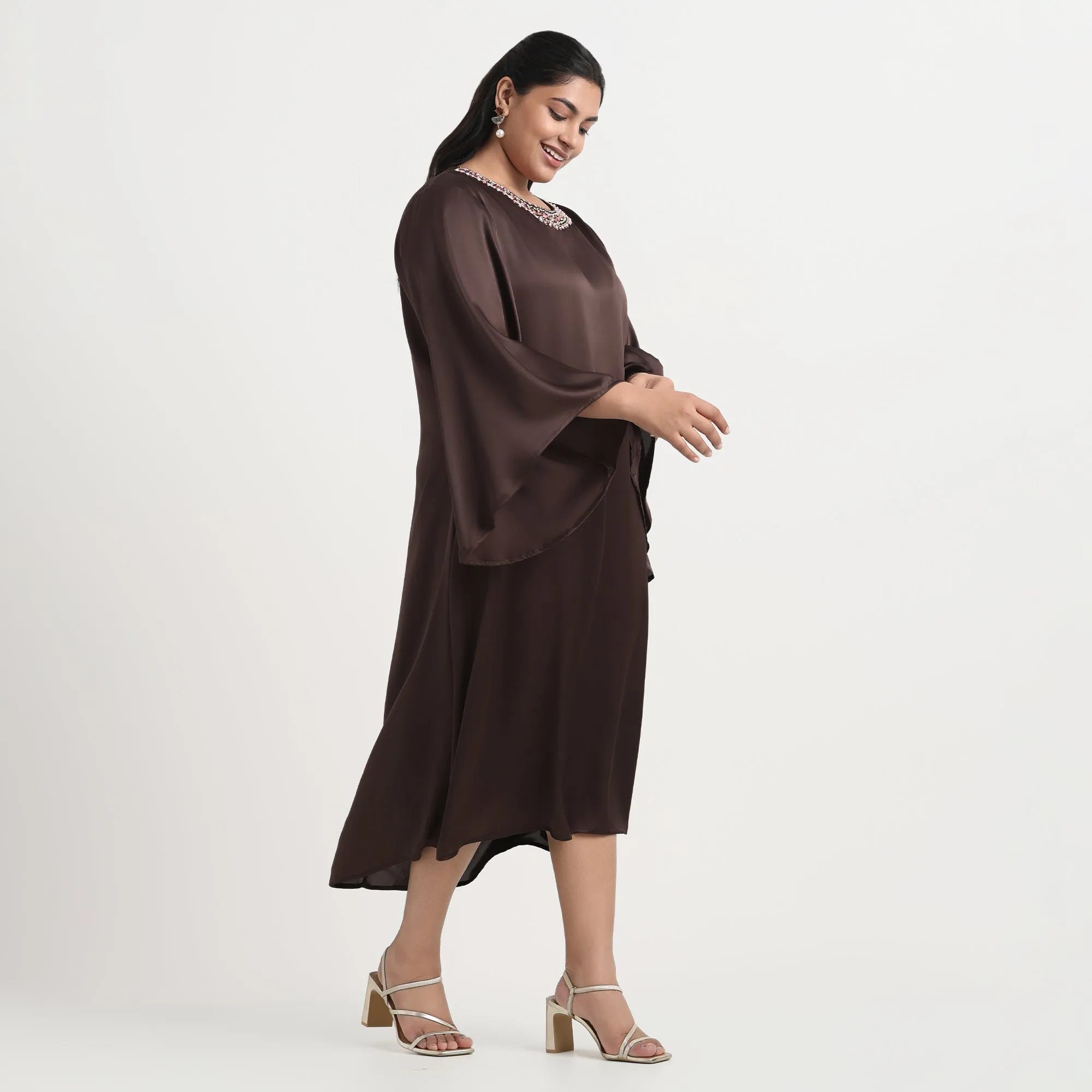 Brown Satin Flared Sleeves Plus Size Beadwork Midi Dress
