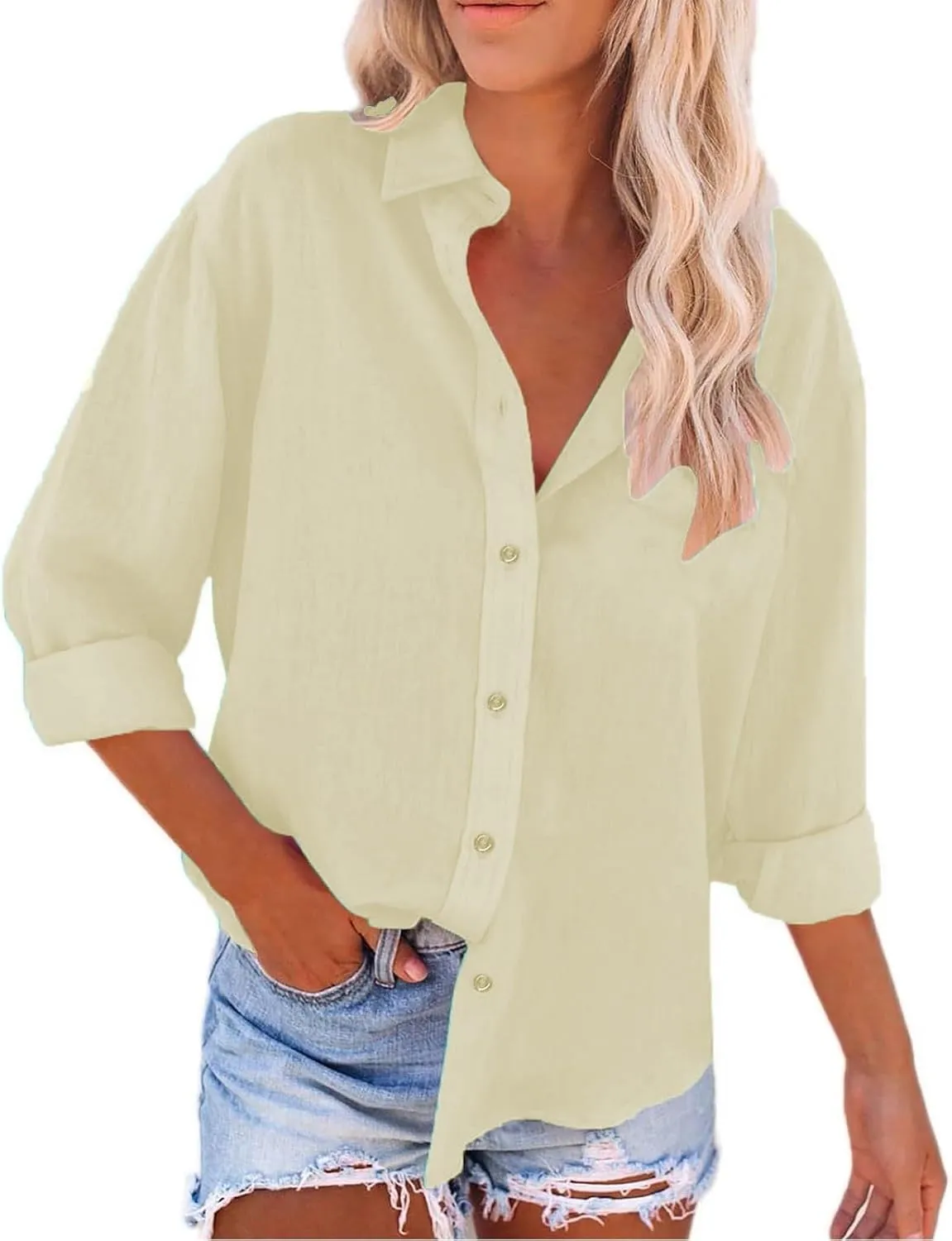 Button Down Shirts for Women Cotton Linen Long Sleeve Trendy Blouses Loose Fit Work Tops Comfy Vacation Beach Clothes