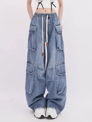 Casual Denim Pocket Wide Pants