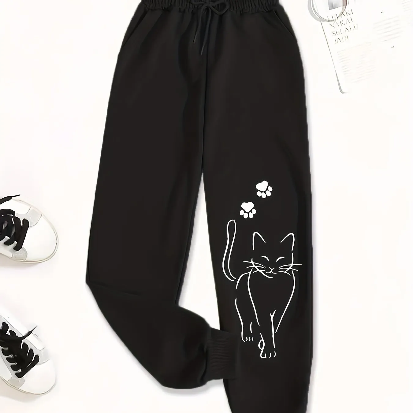 Cat Print Fitted Bottom Joggers - Casual Sporty Pants For Spring & Summer - Women's Clothing - Soft & Comfortable Fabric - Perfect for Loungewear & Outdoor Activities - Ideal Gift for Cat Lovers