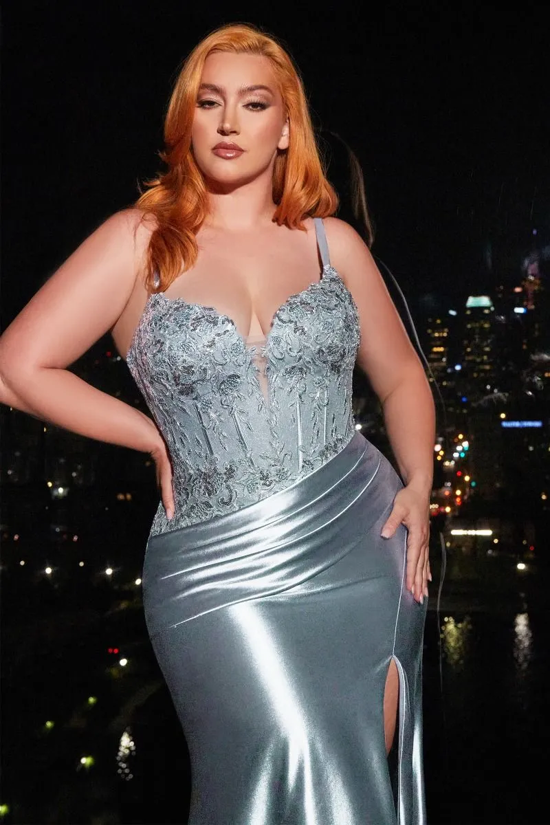 CD838C SATIN FITTED GOWN WITH LACE DETAILS
