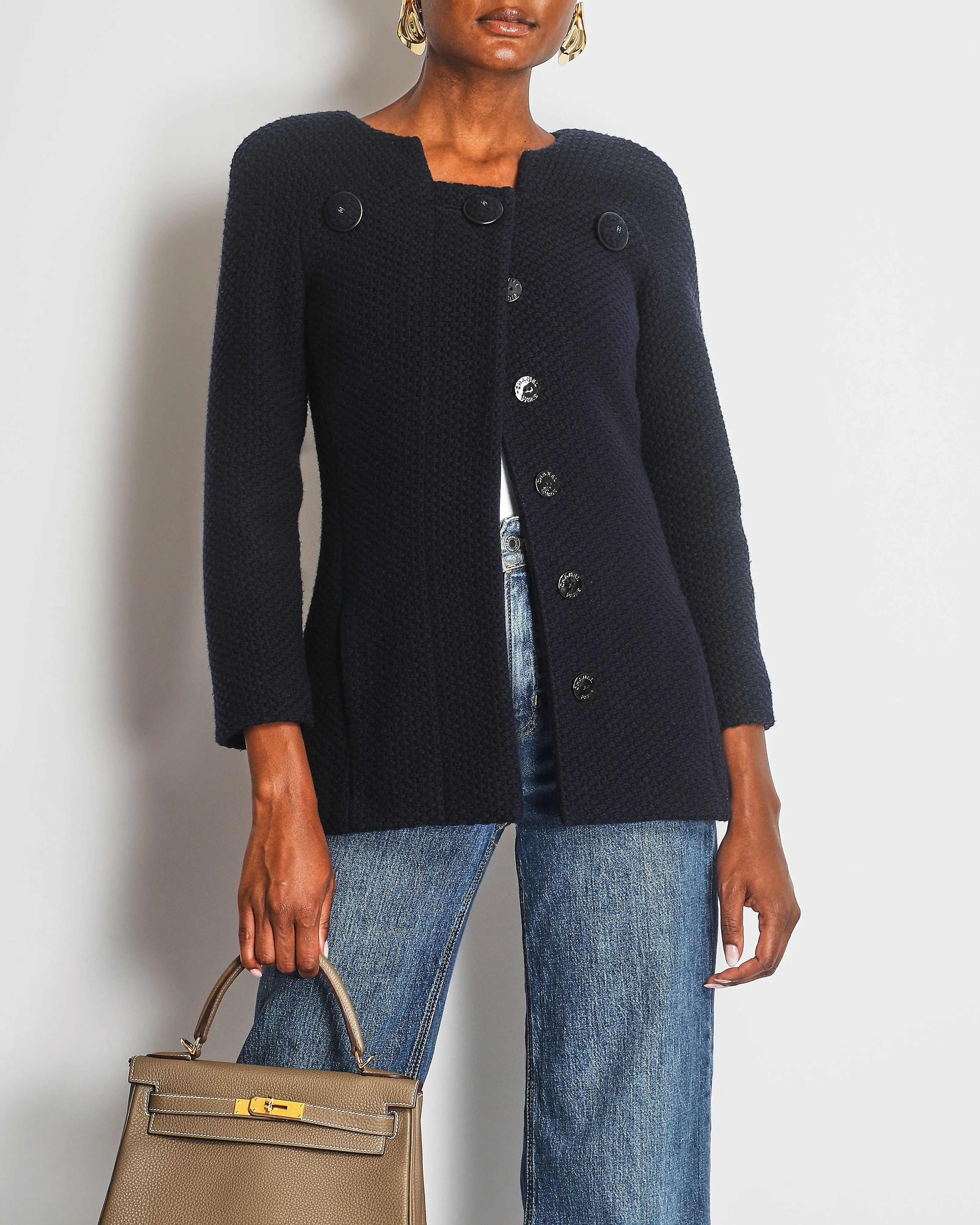 Chanel Navy Wool Jacket With Cc Logo Buttons Size Fr 34 (uk 6)