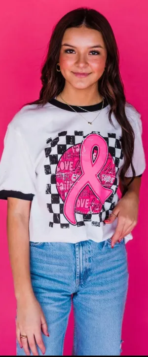CHECKERED W/CANCER RIBBON TEE