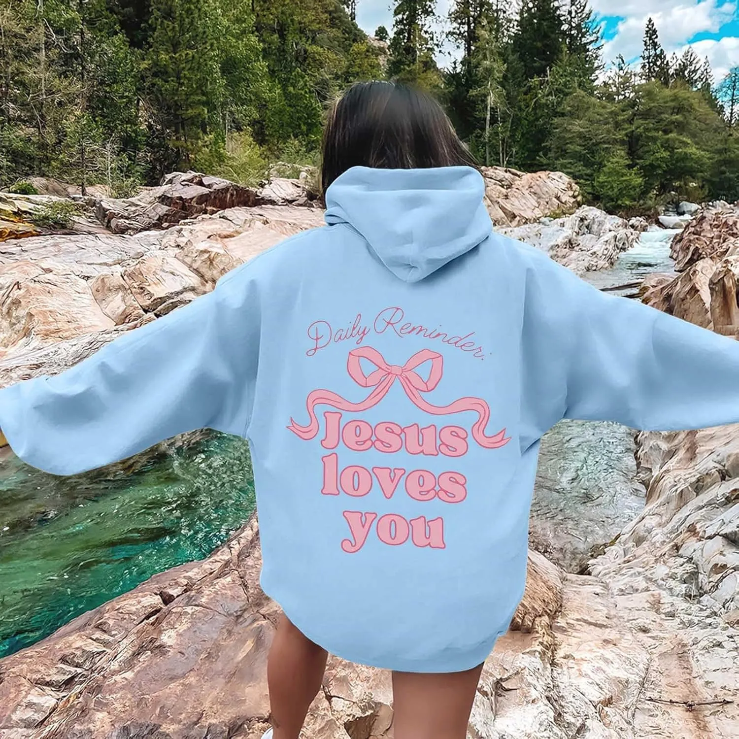 Christian Hoodies for Women Bible Verse Jesus Loves You Graphic Hoodie Long Sleeve Oversized Sweatshirt with Pockets