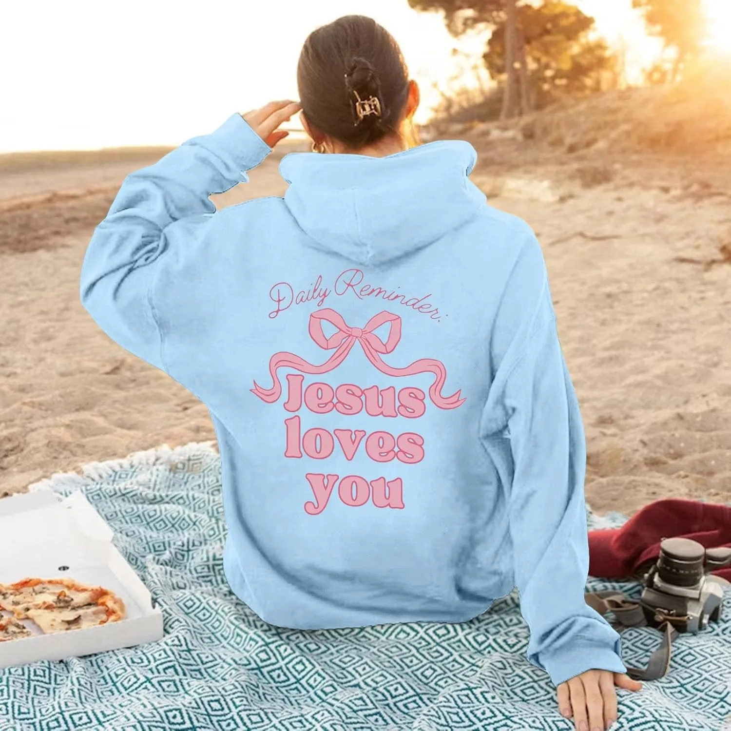 Christian Hoodies for Women Bible Verse Jesus Loves You Graphic Hoodie Long Sleeve Oversized Sweatshirt with Pockets