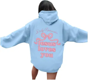 Christian Hoodies for Women Bible Verse Jesus Loves You Graphic Hoodie Long Sleeve Oversized Sweatshirt with Pockets