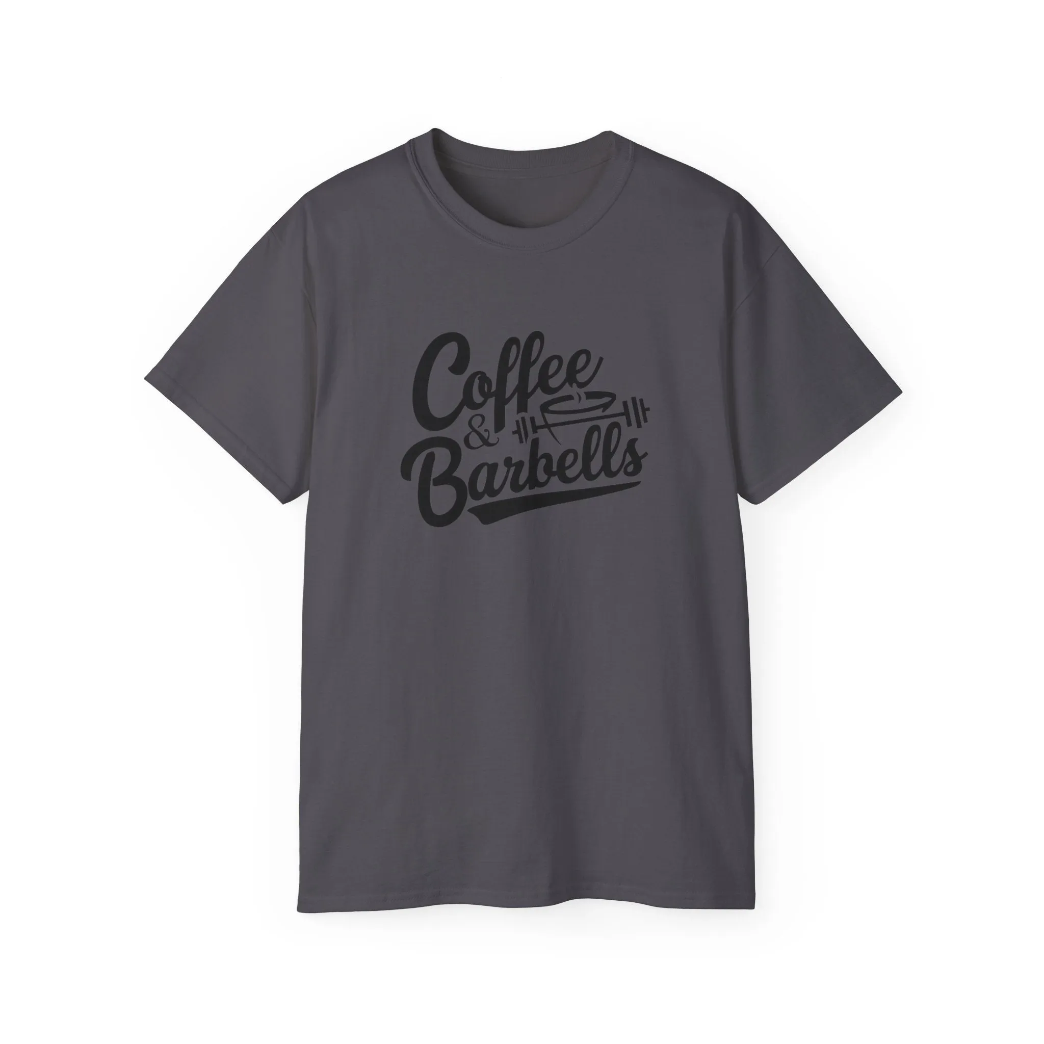 Coffee & Barbells - Unisex Ultra Cotton Tee - Front Black Logo - Plain Back