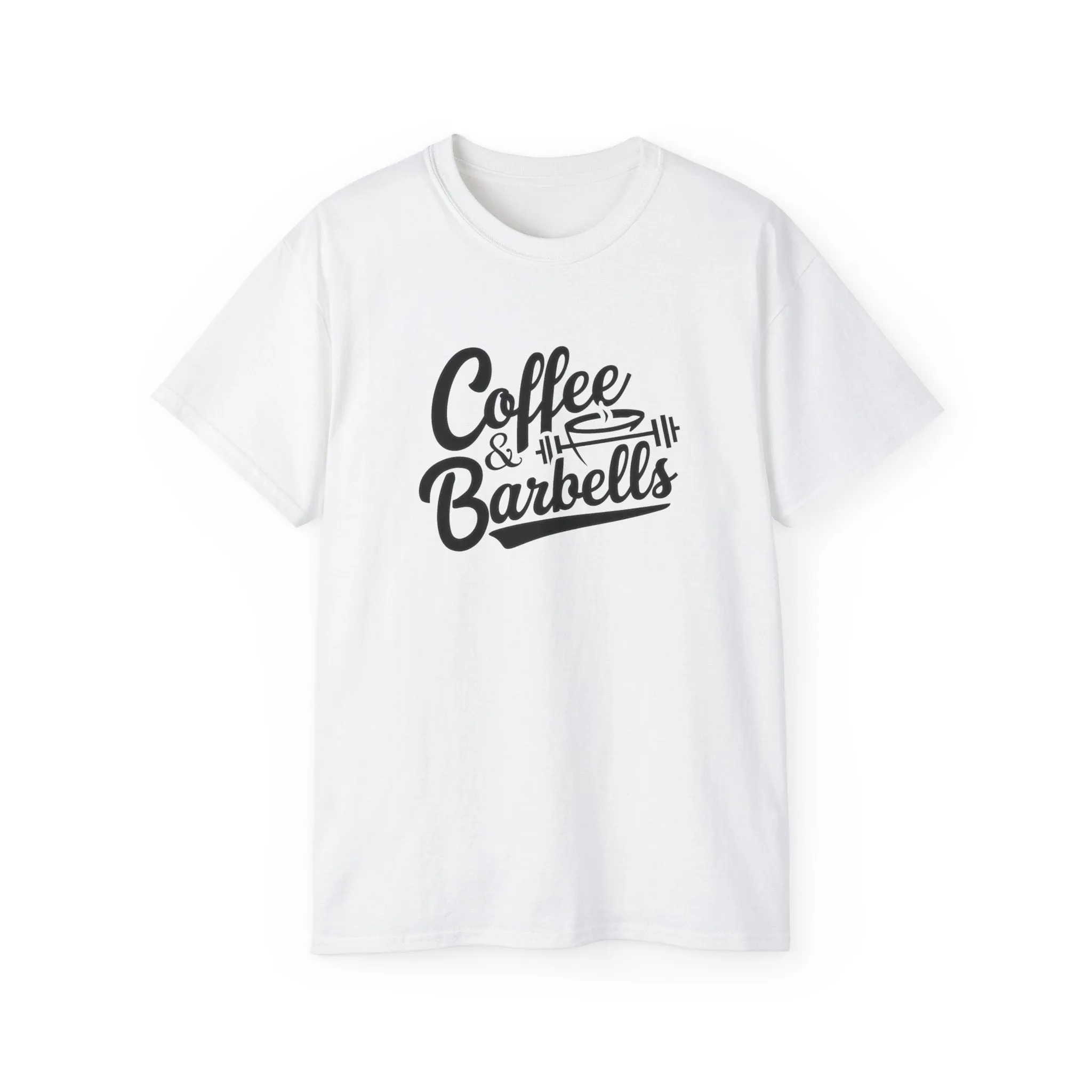 Coffee & Barbells - Unisex Ultra Cotton Tee - Front Black Logo - Plain Back