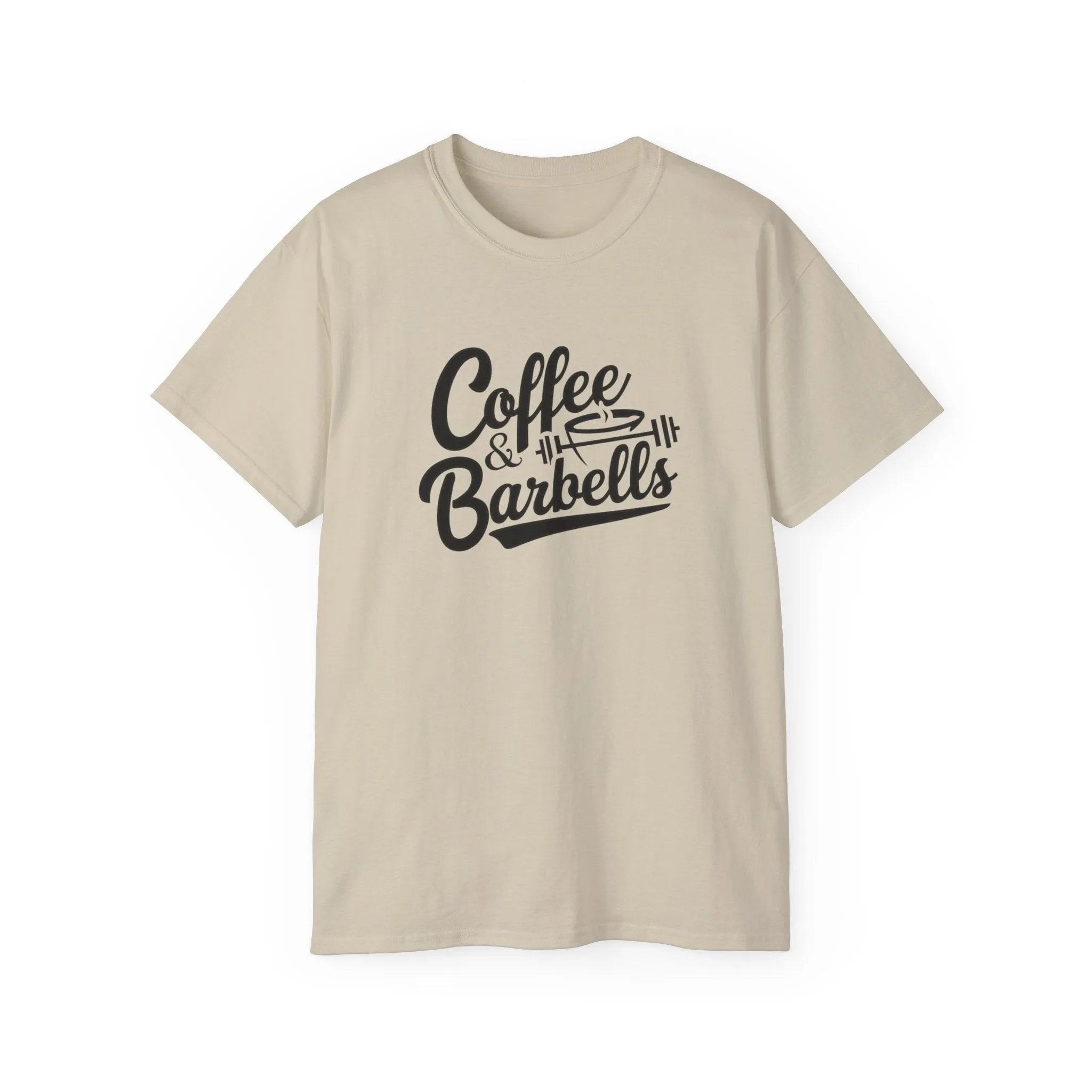 Coffee & Barbells - Unisex Ultra Cotton Tee - Front Black Logo - Plain Back