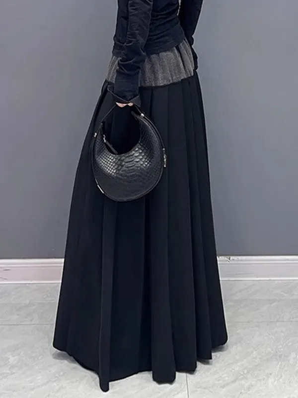 Contrast Color Pleated Split-Joint A-Line High Waisted Skirts Bottoms