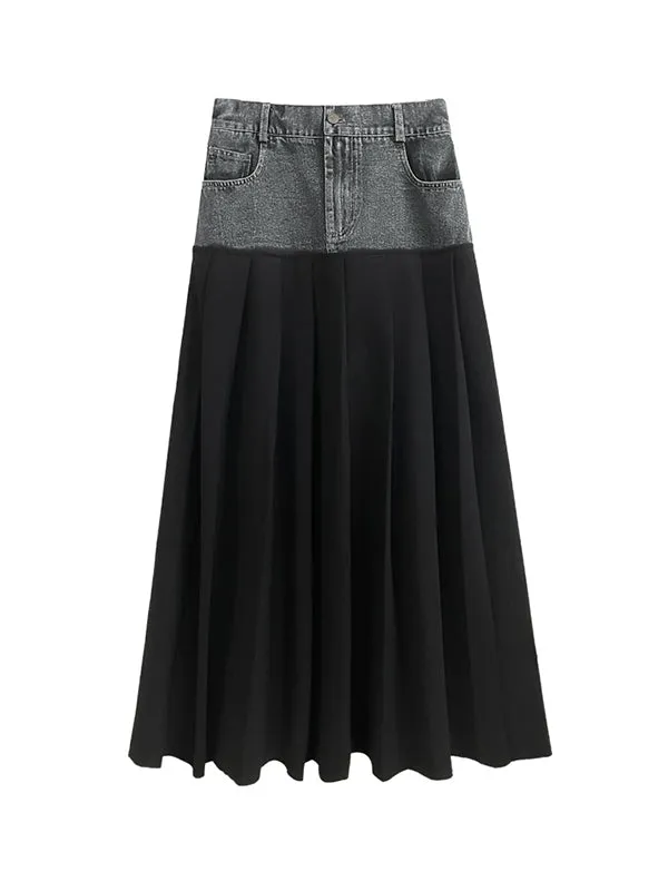 Contrast Color Pleated Split-Joint A-Line High Waisted Skirts Bottoms