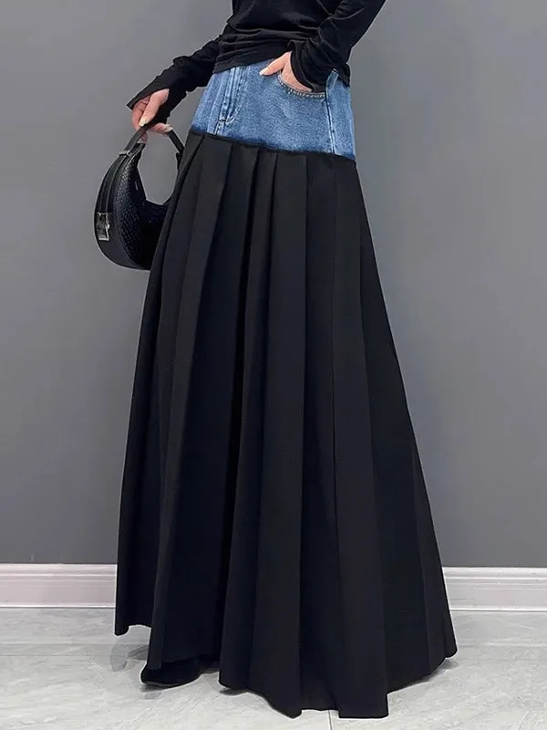 Contrast Color Pleated Split-Joint A-Line High Waisted Skirts Bottoms