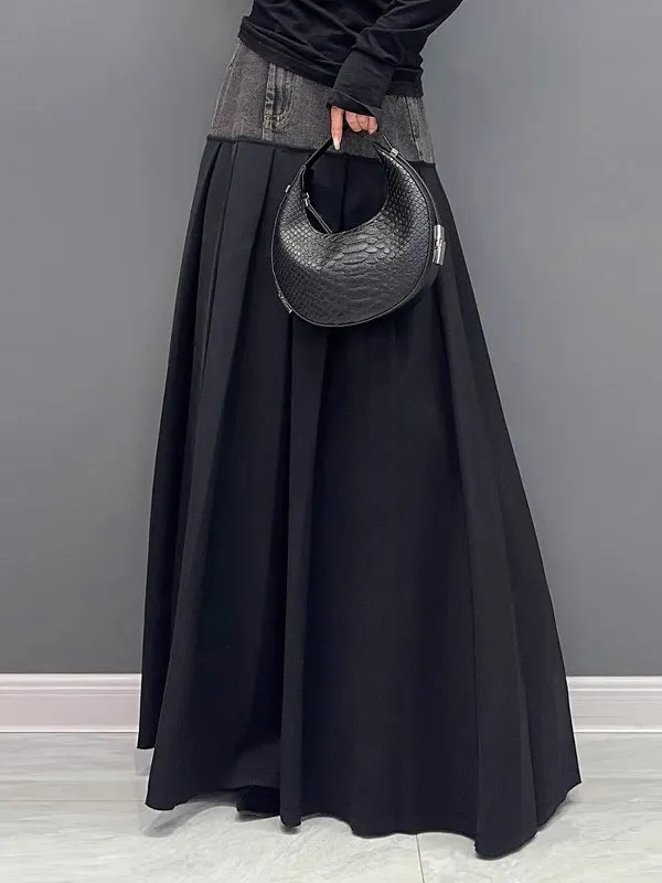Contrast Color Pleated Split-Joint A-Line High Waisted Skirts Bottoms