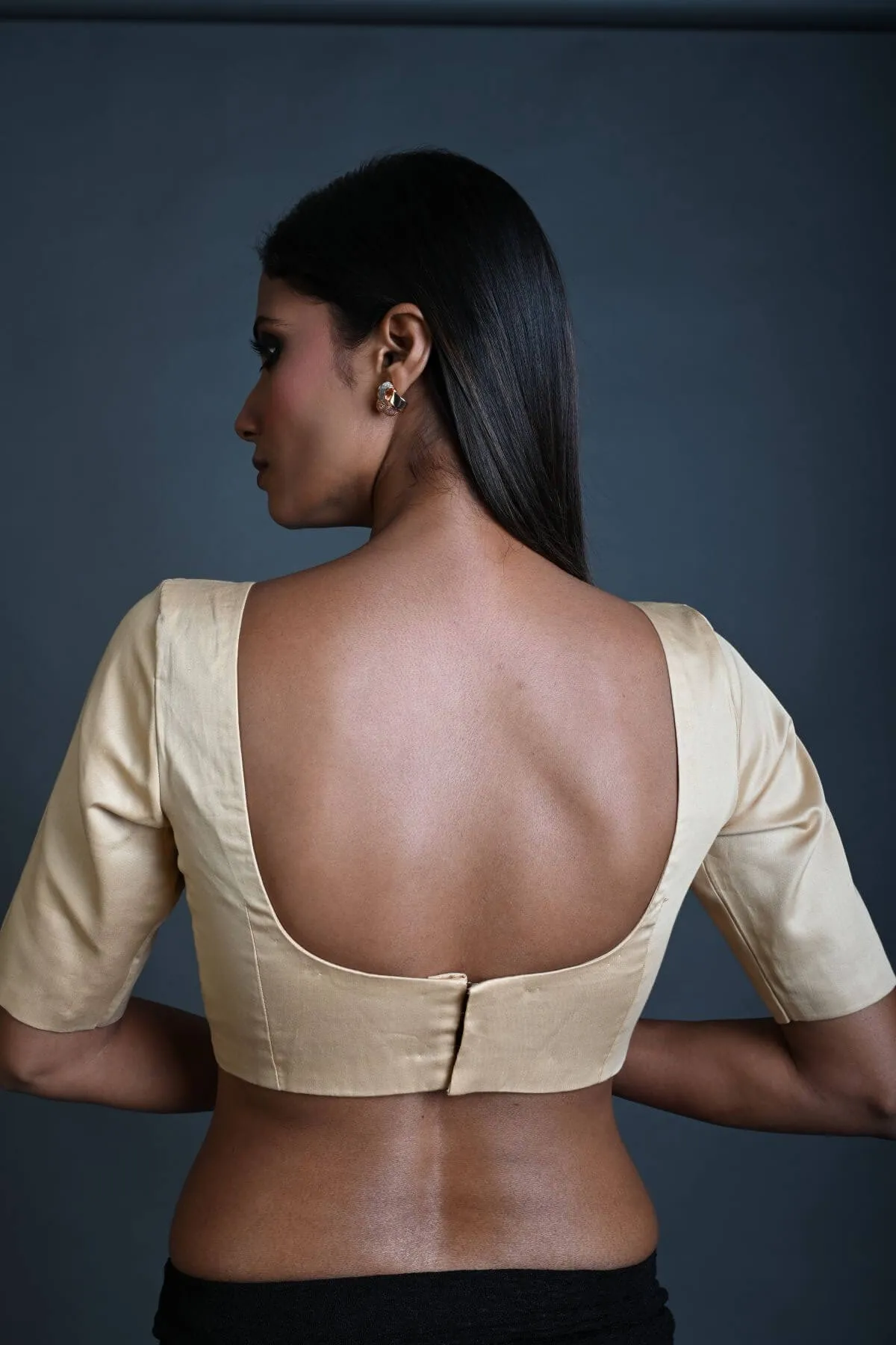 Cream Blouse with Half Sleeves in Cotton with Square Neckline