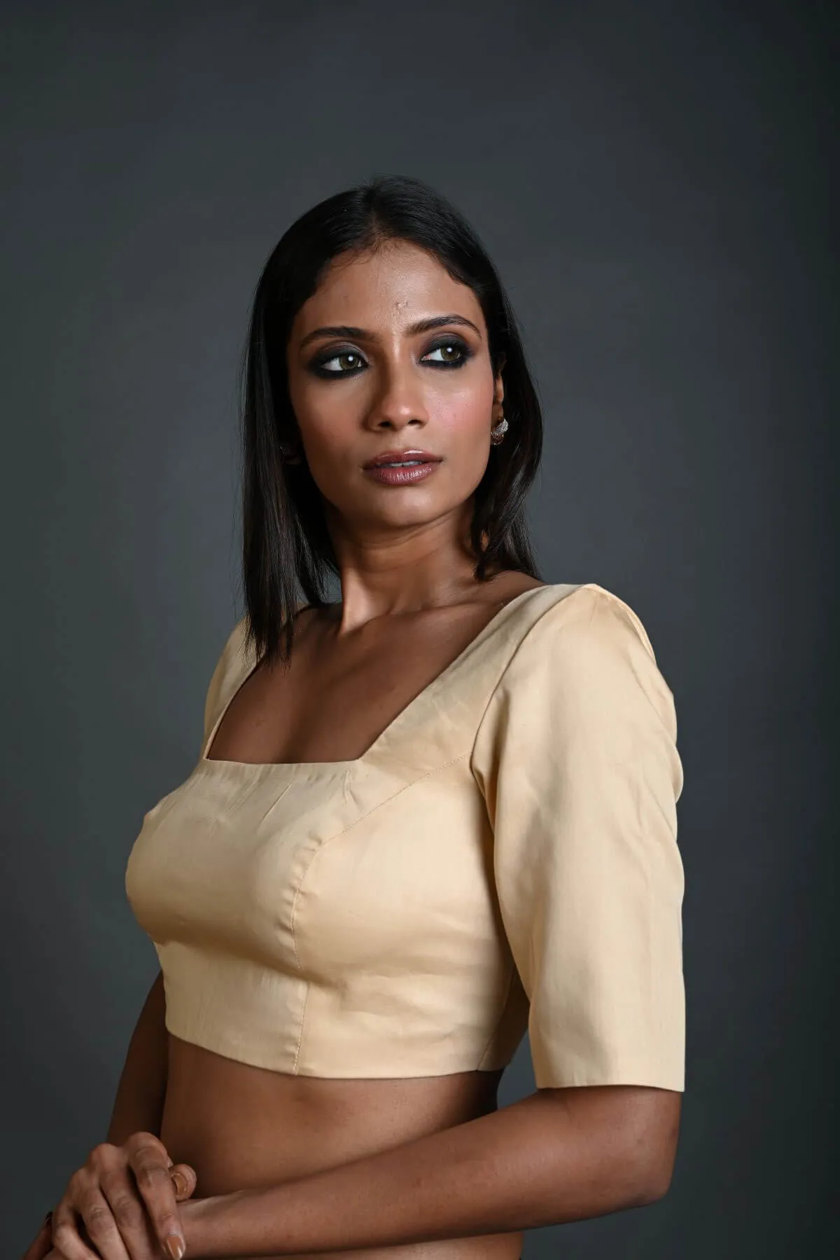 Cream Blouse with Half Sleeves in Cotton with Square Neckline