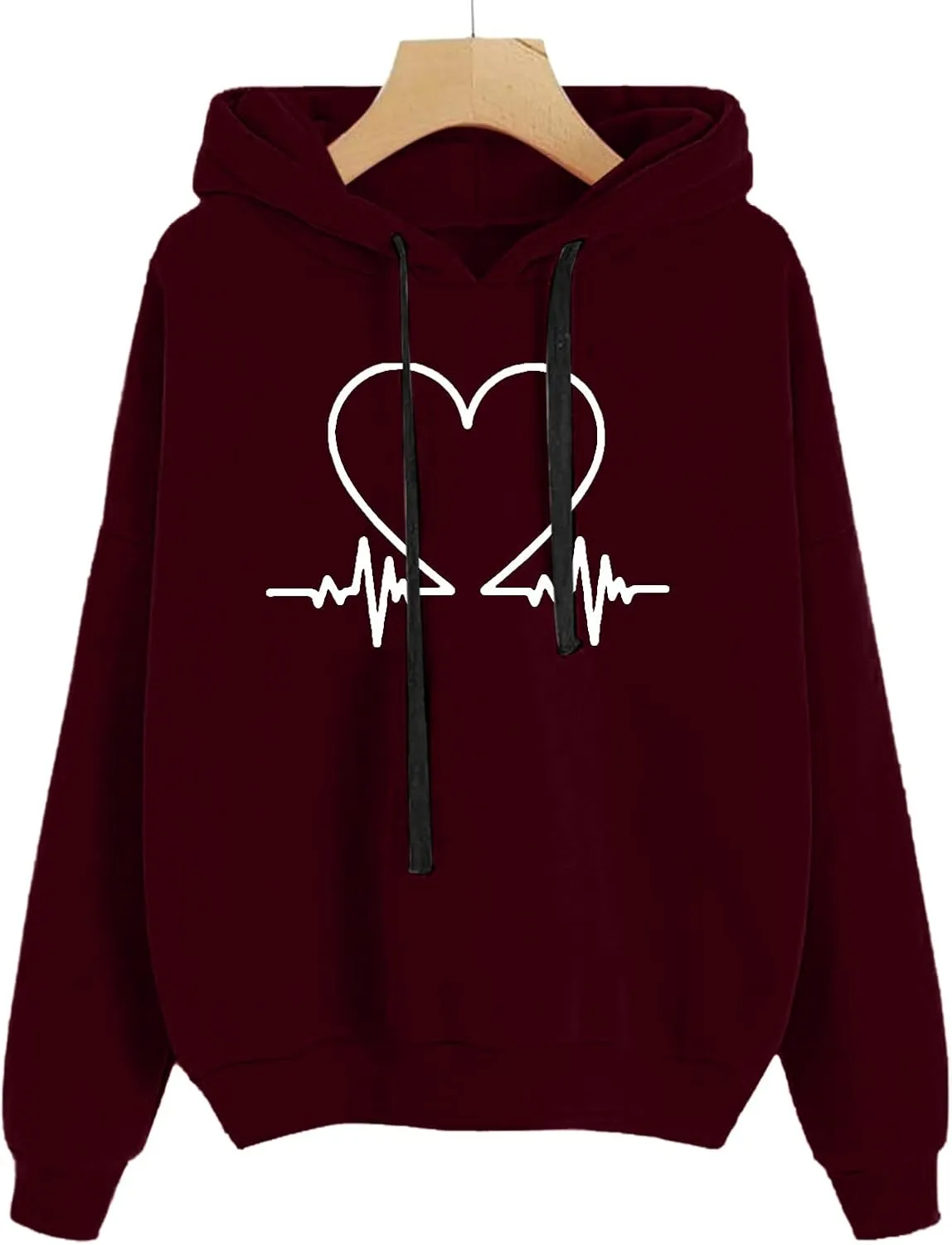 Cute Heart Print Hoodies Women Long Sleeve Comfy Sweatshirt Drawstring Oversized Pullover Tops with Pocket Fall Outfit