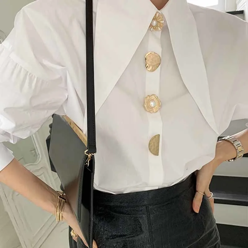 Designer Golden Button Lantern Sleeve Shirt Blouse