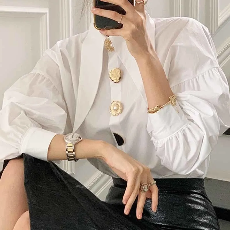 Designer Golden Button Lantern Sleeve Shirt Blouse