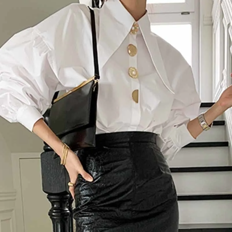 Designer Golden Button Lantern Sleeve Shirt Blouse