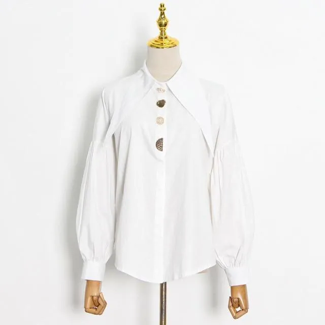 Designer Golden Button Lantern Sleeve Shirt Blouse