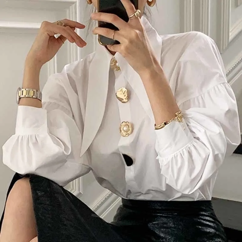 Designer Golden Button Lantern Sleeve Shirt Blouse