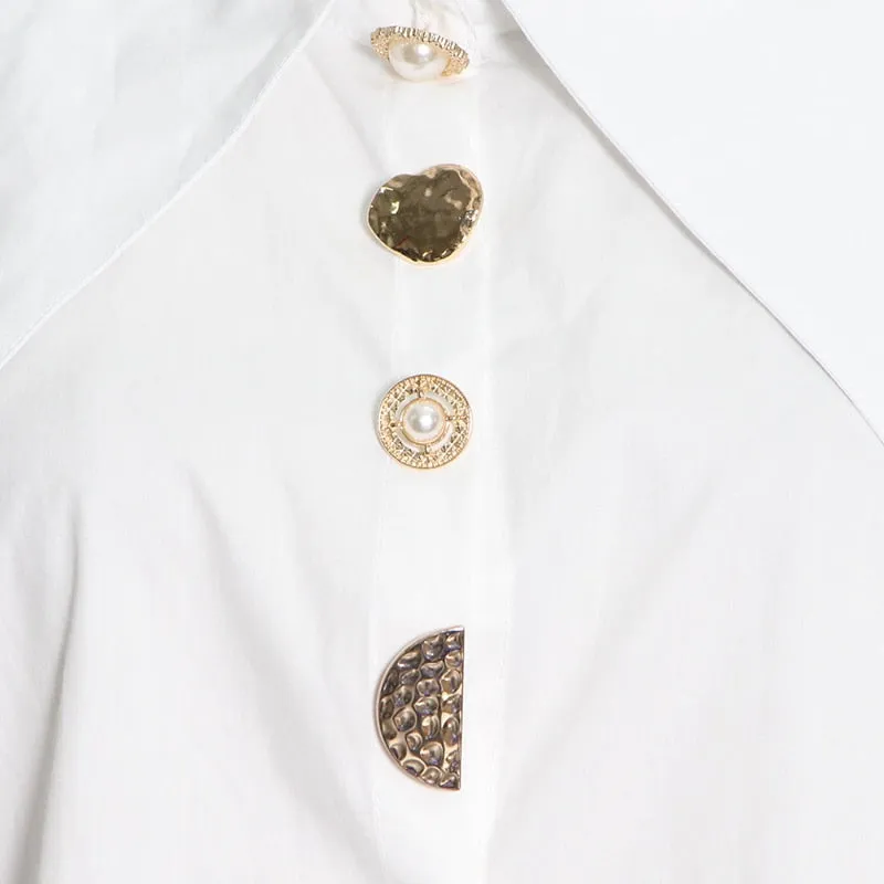 Designer Golden Button Lantern Sleeve Shirt Blouse