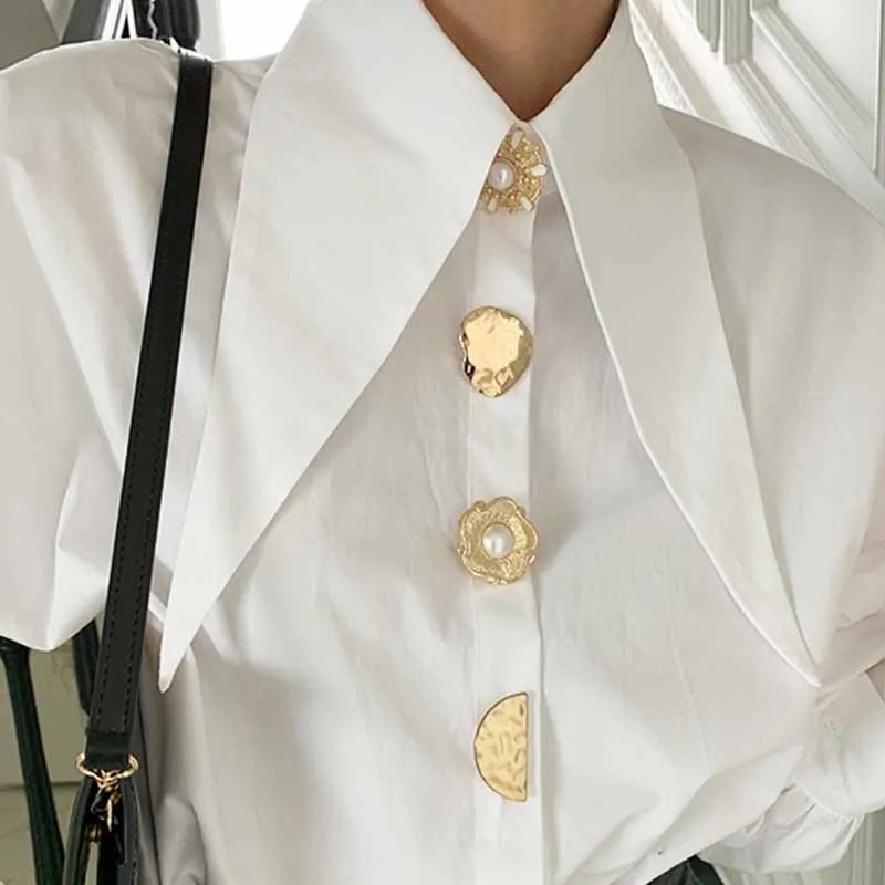 Designer Golden Button Lantern Sleeve Shirt Blouse