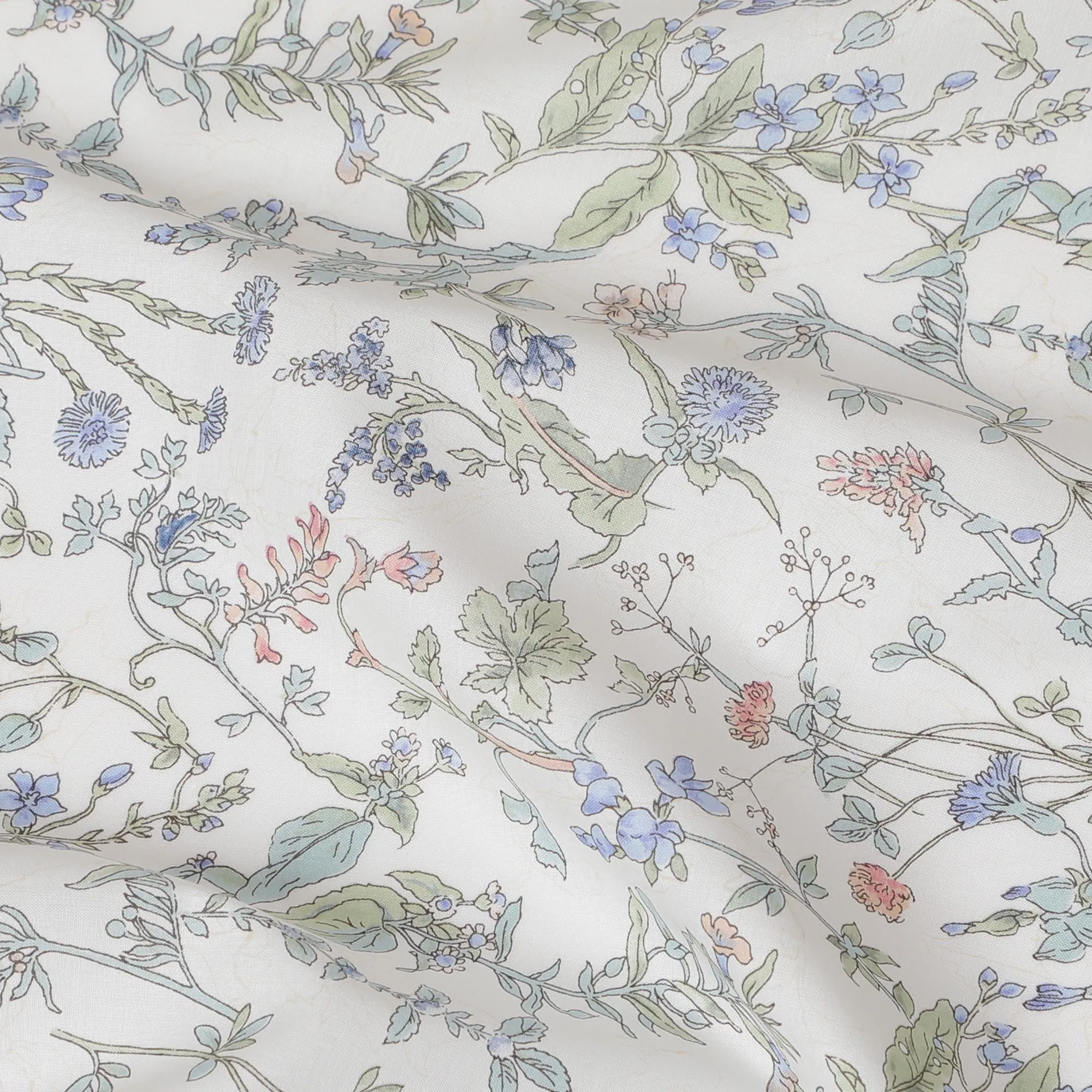 Elegant White Floral Cotton Lawn Fabric with Blue and Green Blossoms, 110 cm Wide, Japanese Design-D19560