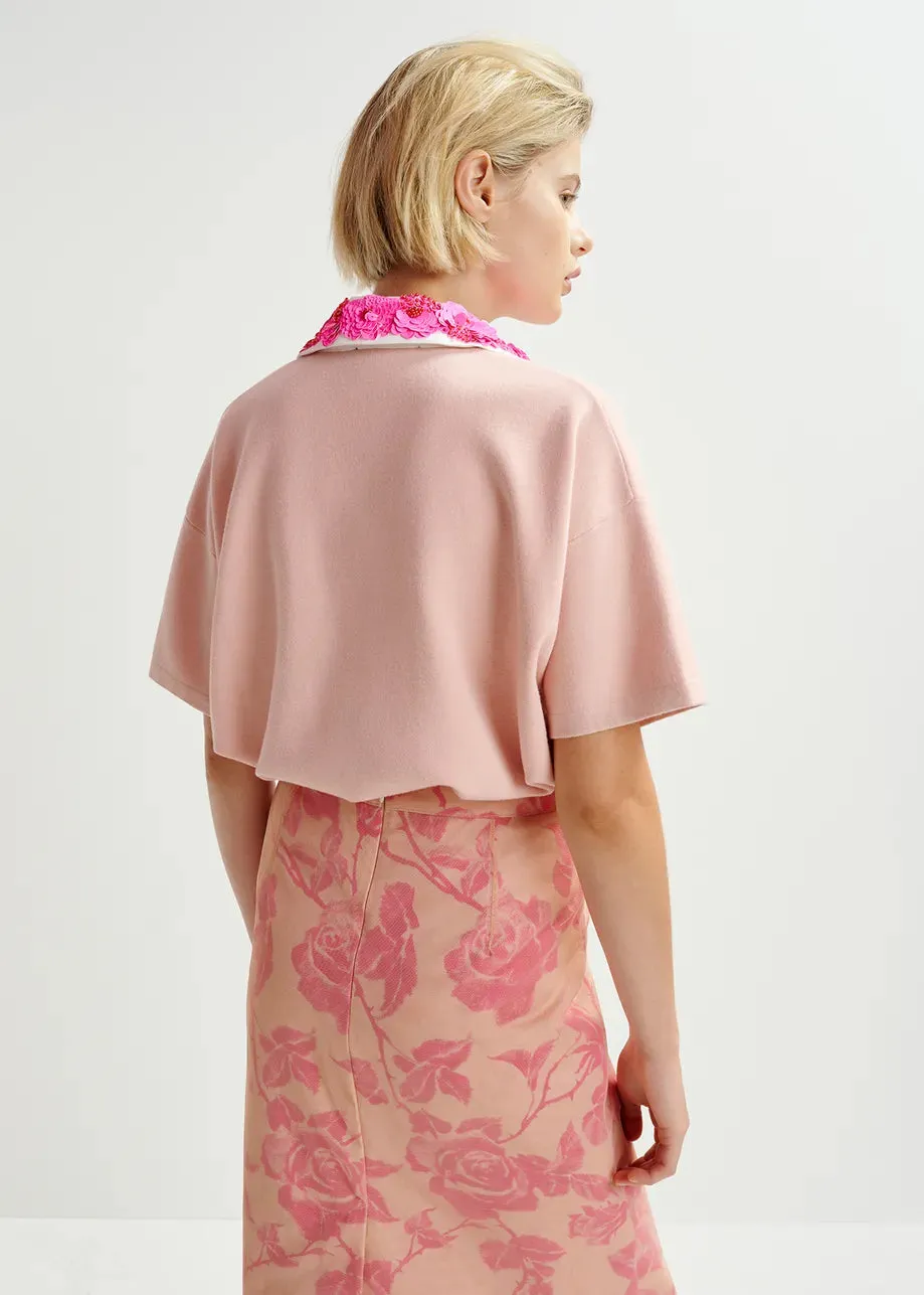 Essentiel Antwerp HOISEAU Pink and white polo top with sequin and bead embellishments