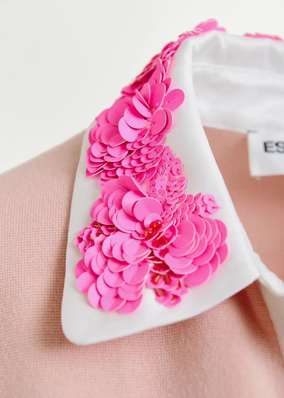 Essentiel Antwerp HOISEAU Pink and white polo top with sequin and bead embellishments