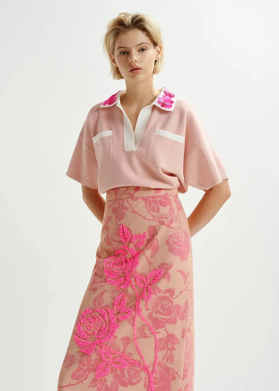 Essentiel Antwerp HOISEAU Pink and white polo top with sequin and bead embellishments