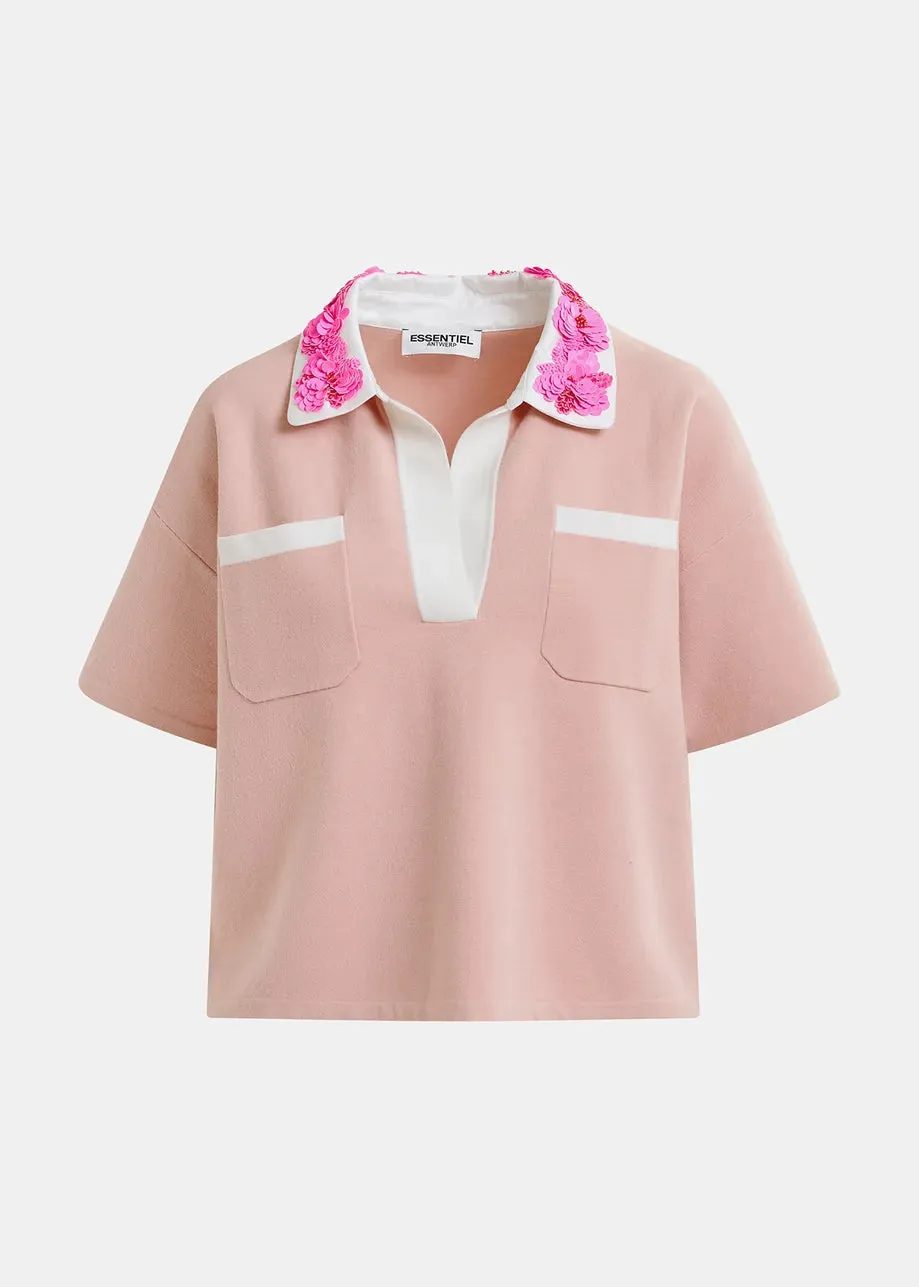 Essentiel Antwerp HOISEAU Pink and white polo top with sequin and bead embellishments