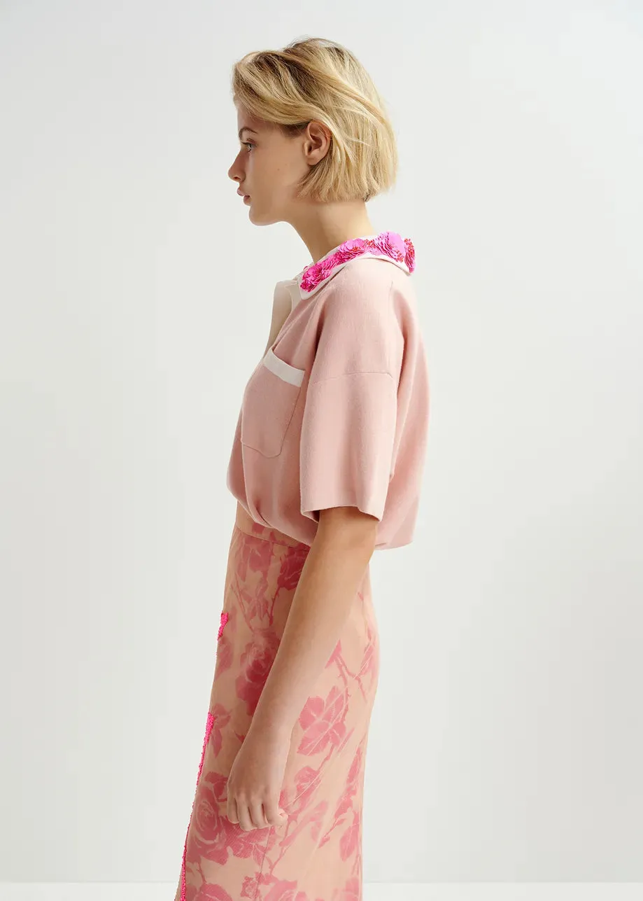 Essentiel Antwerp HOISEAU Pink and white polo top with sequin and bead embellishments